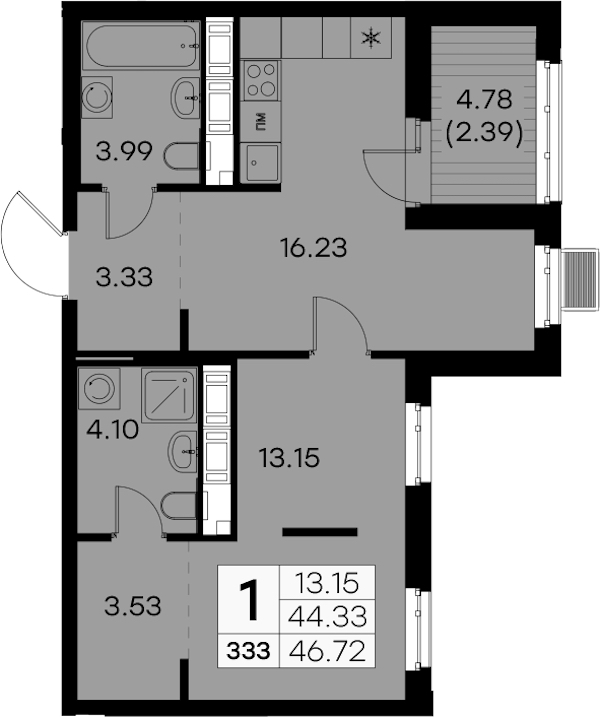 1-комнатная квартира 46.72 м², 9/9 эт., ЖК «Glorax City Балтийская»